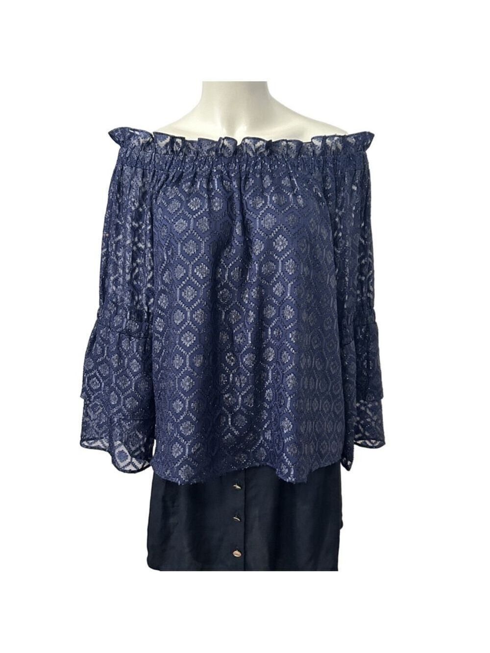 Lucky Brand Off Shoulder Navy Silver Geometric Blouse Size L